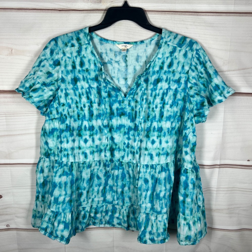 Terra & Sky Blue Green Tie Dye Tiered Peplum Top 2X Cotton Short Sleeve Swing